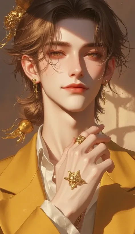 ager, playful smirk, young male, rose gold eyes, MAN BUN, His hair is parted on the right side, rosegold hair, wear ear piercing, a noble lord, a diplomat, his clothing dominant of rose-yellow, his clothing styles more likely royal diplomat, he is smirking...