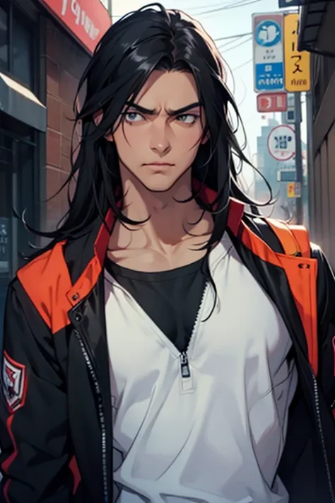 Young man 2d, Serious, beautiful,  long black hair,  black jacket.