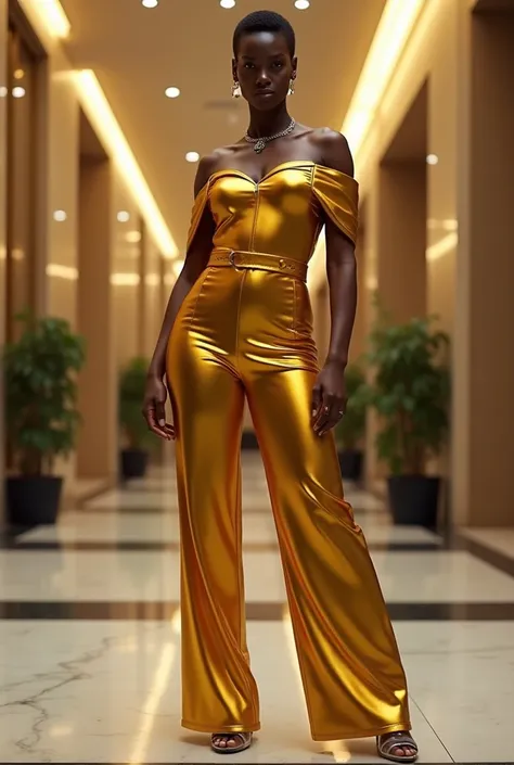 A curvaceous Black woman in a tailored, off-the-shoulder jumpsuit in metallic gold featuring a structured bodice and wide-leg trousers that stop mid-calf, paired with clear stiletto mules and a minimalist choker. Her hair is cut into a sharp pixie, and she...