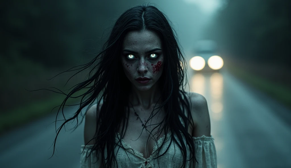 "A terrifying, close-up shot of a ghostly woman with pale, cracked skin and hollow, glowing white eyes, standing in the middle of a deserted road at night. Her long, black hair is tangled and floating as if carried by an unseen force. She wears a torn, whi...