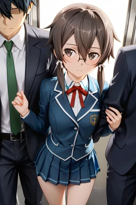 NSFW, Masterpiece, top quality, high res, very detailed, Asada Shino\( Sword Art Online\), hair between eyes、 SHORT HAIR、 side lock, dark eyes、 dark hair、Glasses、ヘアribbon, blazer、黒い jacket、黒い skirt、 jacket、 tie、プリーツ skirt、赤い tie、ribbon、uniform、 skirt, in t...