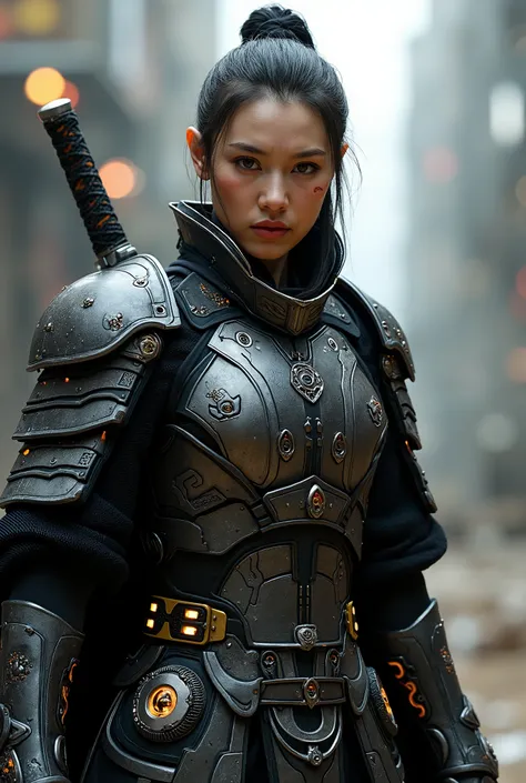 Futuristic Chinese medieval armor with a katana, fiery and weary look yet sexy and captivating, show face, 