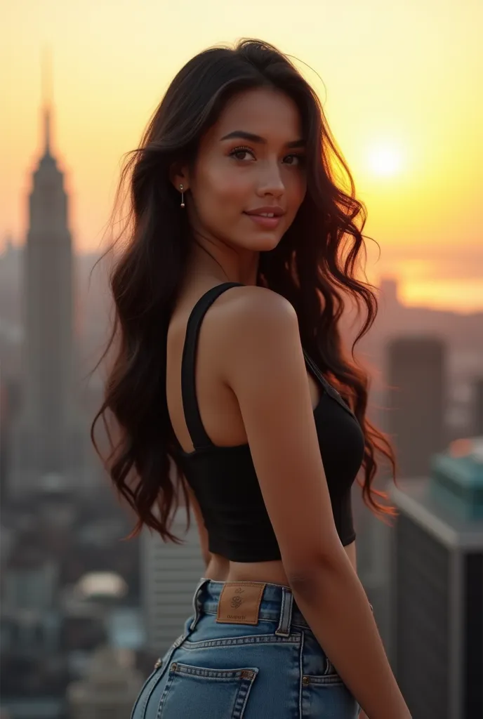 Ultra-realistic portrait of a stunning 20-year-old young woman with long wavy black hair, deep brown eyes, and flawless porcelain skin. She is dressed in a stylish crop top and high-waisted jeans, standing in a beautiful cityscape during golden hour. She l...