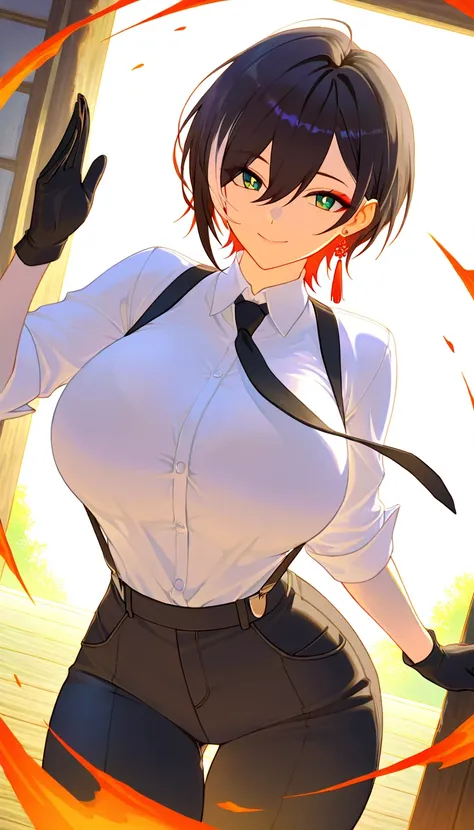 (best quality, masterpiece), 1women ,4k, 8k, uhd, hdr, detailed background,, wearing a white button-up shirt with a black tie, black suspenders over the shirt, black gloves, black pants, , full body,physically-based rendering,vivid colors,studio lighting,e...