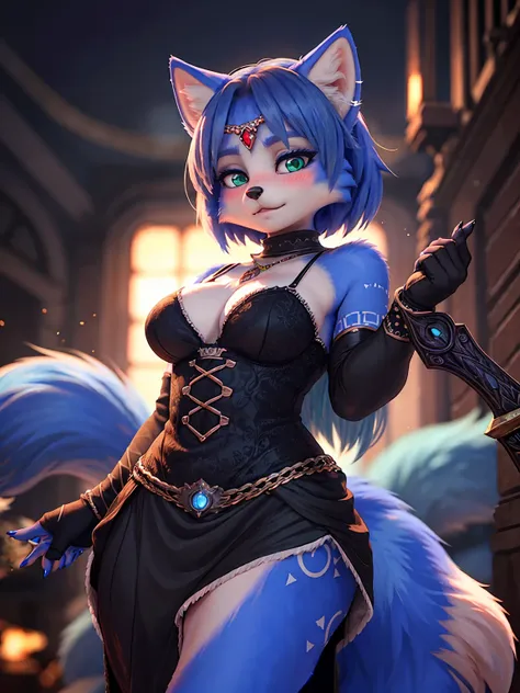 ((krystal)), Star Fox-Krystal, lovable,  green eyes, ((( Long blue hair 1.3))),  cleavage, anthro, blurred,  detailed Fluffys fell,    detailed face  , (Fluffy),  1 girl, ,woman, Goth,  green eyes, Undercut,  Ultrarealistic 8k CG,  masterpiece, (( ultra-pr...