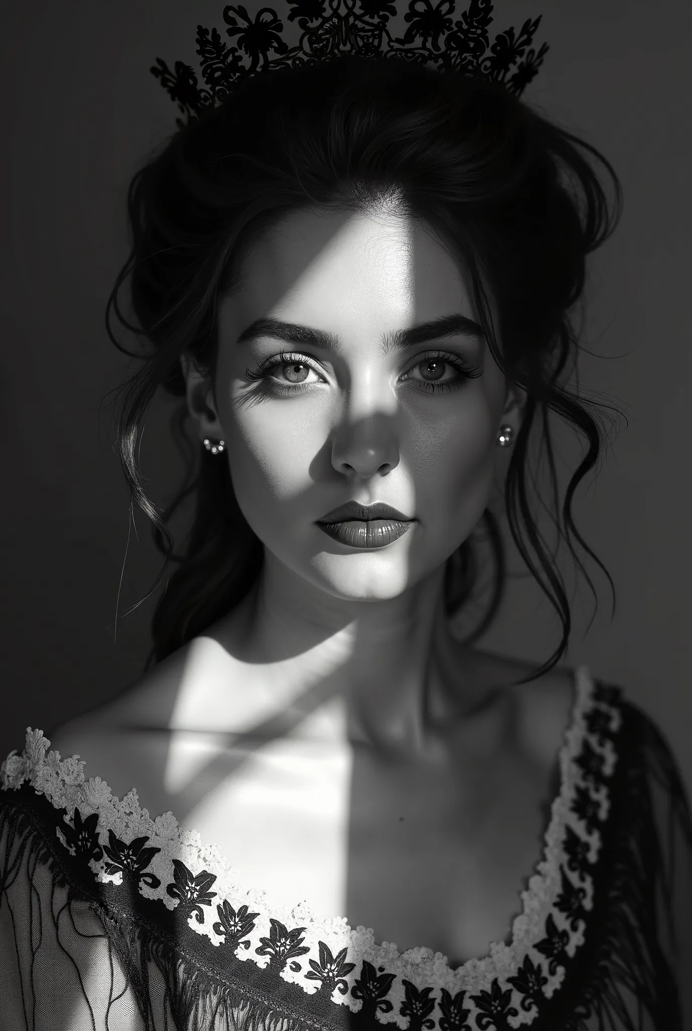 light ray appearing on the face with desiged shadow, design in cloth, queen outfit, beautiful sad black and white sketch style picture, asthetic environment, portrait of women, blury white shadow effect, asthetic look, vintage royal environment, complex cl...