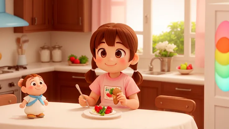 3D Disney Pixar style, heartwarming and magical. A  girl with round face, brown bright eyes, dark brown straight hair in pigtails, fair skin, slim build, wearing a knee-length light pink dress adorned with tiny red strawberries and white sandals, sits at a...