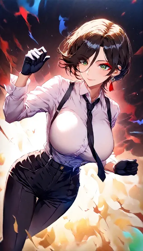 (best quality, masterpiece), 1women ,4k, 8k, uhd, hdr, detailed background,, wearing a white button-up shirt with a black tie, black suspenders over the shirt, black gloves, black pants, , full body,physically-based rendering,vivid colors,studio lighting,e...