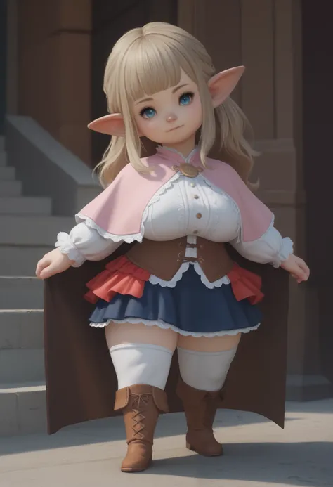 score_9, score_8_up, score_7_up, rating_safe, 1 girl, lalafell, (shortstack:1.2), pointy ears, huge breasts, ornate, skirt, capelet, thighhigh boots, thick thighs, long hair, head tilt, bust portrait, frilly
