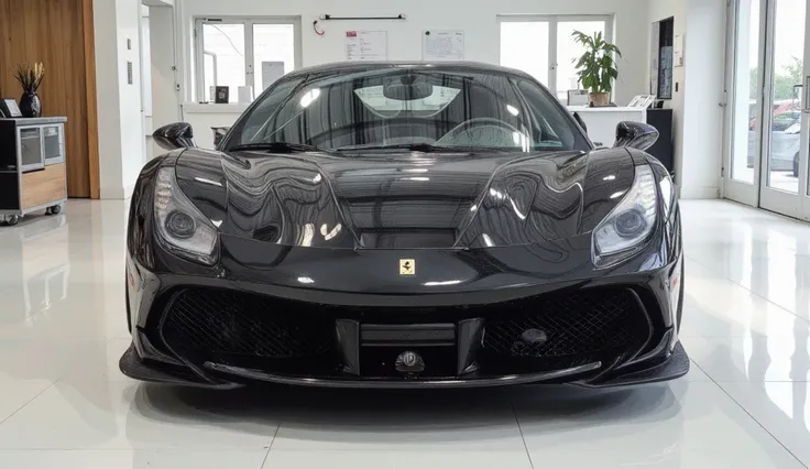 A stunning, futuristic (2025Ferrari 488 GTB ) takes center stage in a luxury white pristine showroom. The vibrant (black) exterior gleams, drawing attention to its sleek, aerodynamic design and bold accents. The (front bumper) view showcases the cutting-ed...