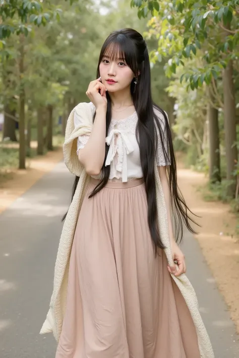 “A gentle young woman with long straight hair, wearing a white lace blouse and a long earthy-tone skirt with a knitted cardigan. She is walking through a quiet forest path with sunlight filtering through the trees, serene and natural.”


