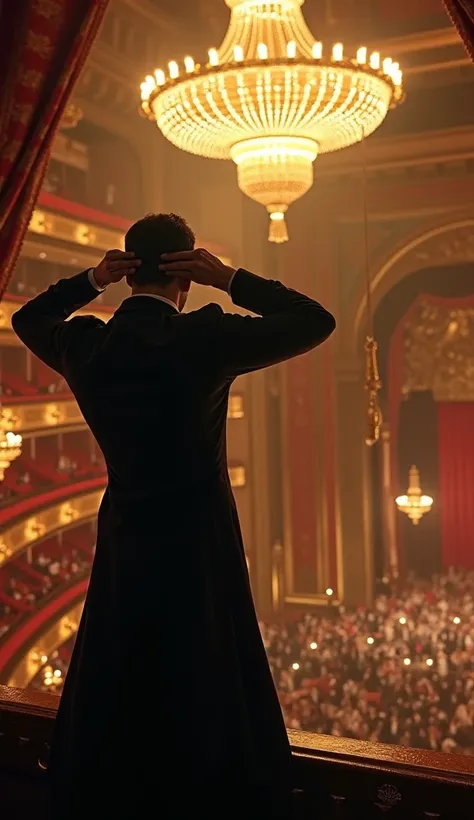 First-person perspective of the Phantom of the Opera standing high above the grand opera stage, looking down from the catwalks near the massive crystal chandelier. His two gloved hands grip the sides of his head, covering his ears as a deafening opera perf...