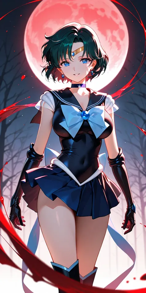 Masterpiece, elegant mature woman, evils sailor mercury\(sailor mercury\), inverted moon on forehead, tall body, big breast, black sailor senshi uniform (black sailor senshi uniform skirt, black sailor senshi uniform gauntlets, black sailor senshi uniform ...