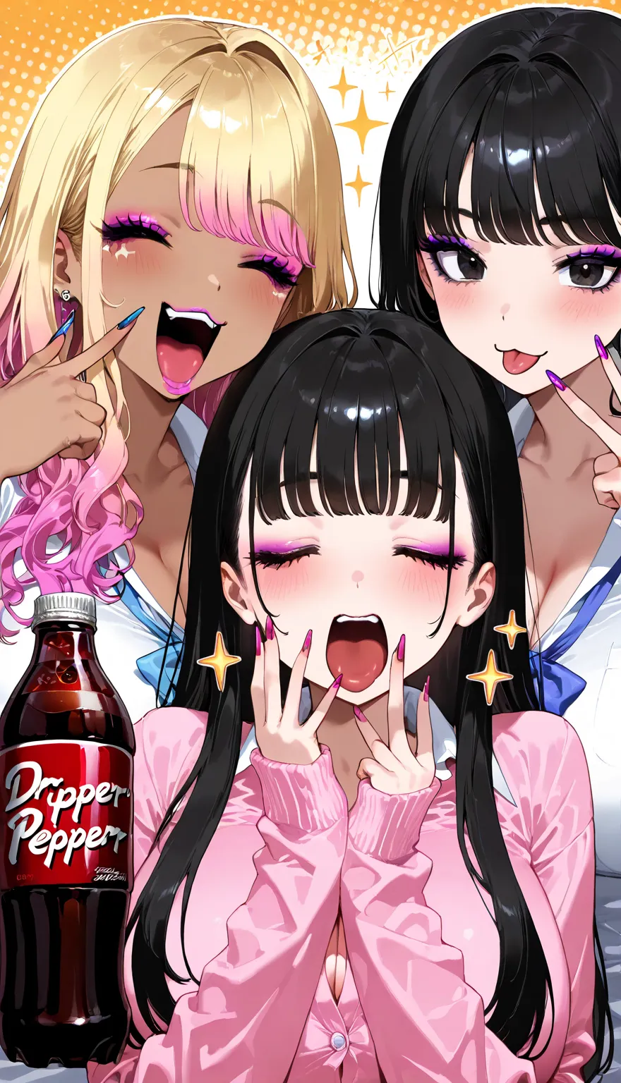 sfw, makeup gyaru, 3 women, black hair, breast, v, finger to cheek, upper body, laughing, yawning, Dr.pepper , :3, :p, sparkle,