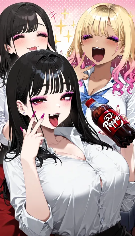 sfw, makeup gyaru, 3 women, black hair, breast, v, finger to cheek, upper body, laughing, yawning, Dr.pepper , :3, :p, sparkle,