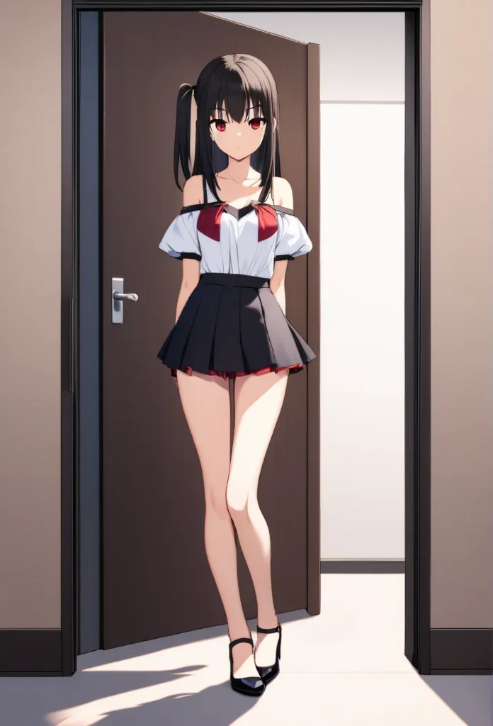 1 girl, hayase misa, Super Dimensional Fortress Macross, Alone, minifalda negra,  white low-cut blouse,  black heels.  of foot, in front of a door . Desk on one side