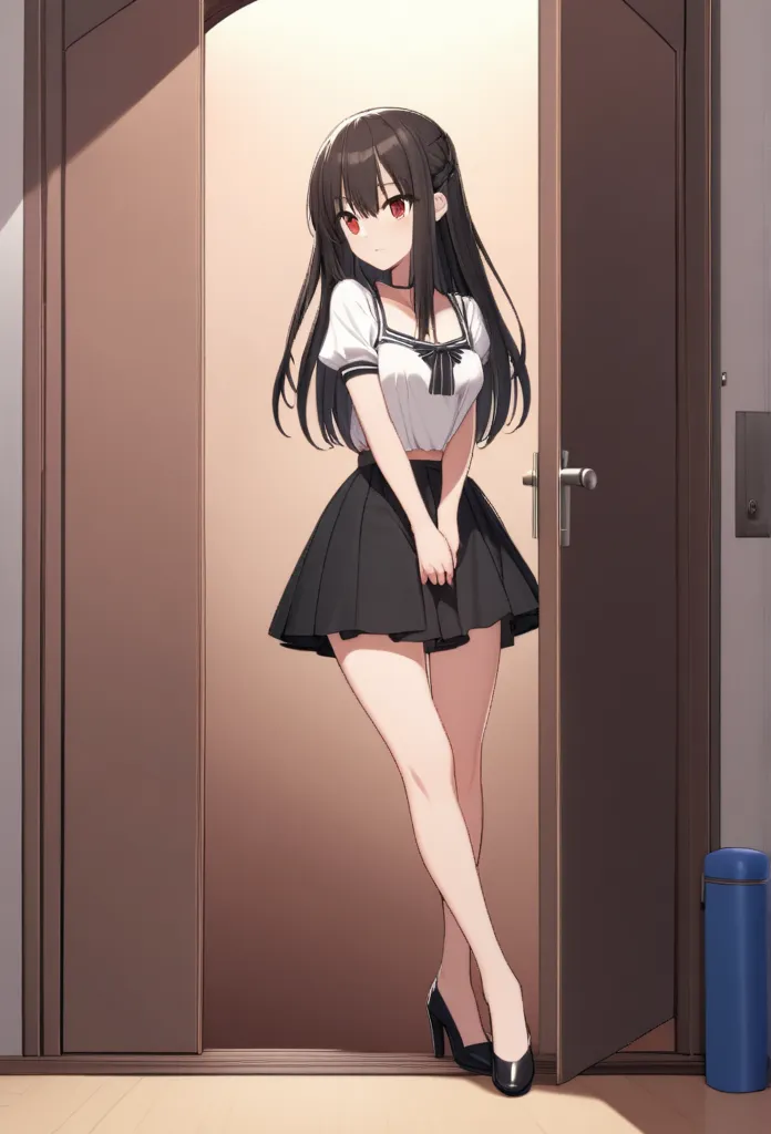 1 girl, hayase misa, Super Dimensional Fortress Macross, Alone, minifalda negra,  white low-cut blouse,  black heels.  of foot, in front of a door . Desk on one side