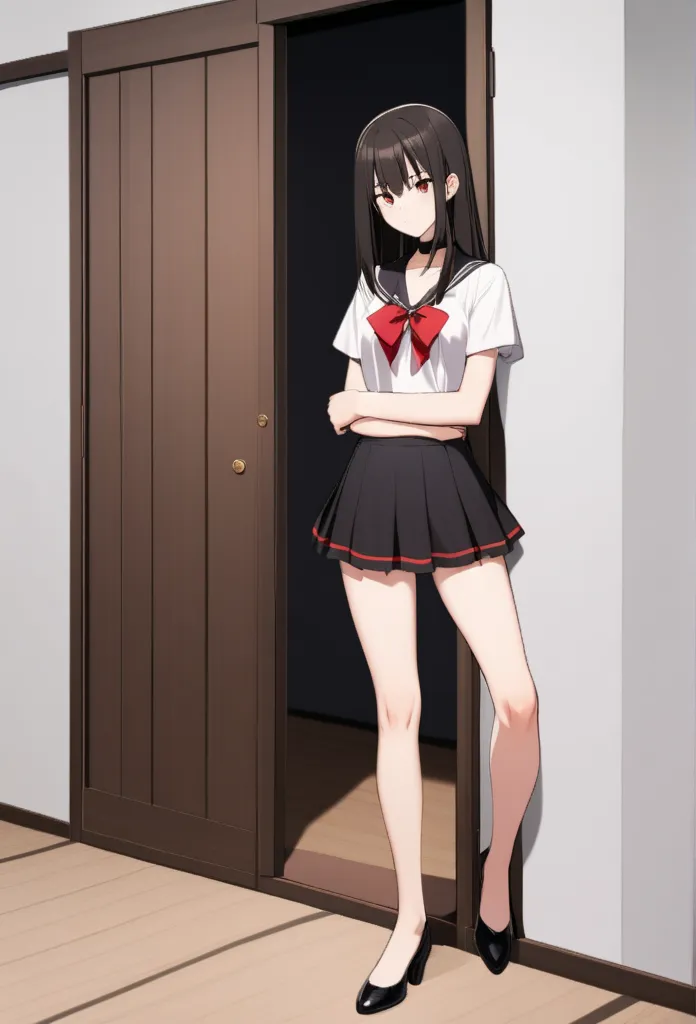 1 girl, hayase misa, Super Dimensional Fortress Macross, Alone, minifalda negra,  white low-cut blouse,  black heels.  of foot, in front of a door . Desk on one side