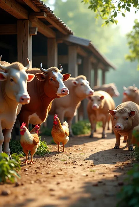 realistic Cows, chickens, pigs in the stall and outside. The idea I want to convey with the first picture is for cows, pigs, birds and what can be used both in the stall and outside.