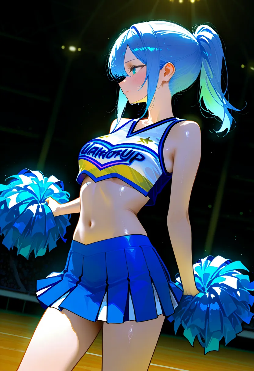 score_9, score_8_up, score_7_up, score_6_up, nsfw, newest, sharp detailed, ultra detailed, , unreal, detailed shading, detailed lighting,    a close up of a cheerleader in a blue and white uniform, blue and gold, cheering, , warriors fan art, clenching, cl...