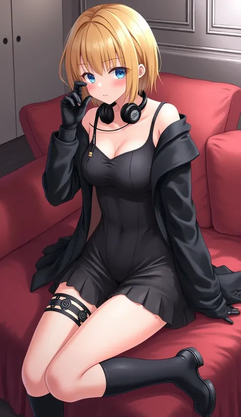  anime　 Gold　 SHORT HAIR　 blue eyes　black long sleeve half leather jacket　 black short camisole　 black buckle 　 black leather gloves on hands 　 black short boots　 black short socks 　 thigh decoration on both thighs 　 black knee brace on the knee 　 big brea...