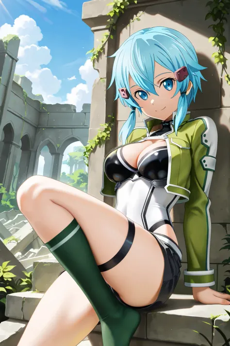 NSFW, Masterpiece, top quality, high res, very detailed,Chinon\( Sword Art Online\), SHORT HAIR, hair between eyes, light blue hair, bright blue eyes , hair ornament, hair clip, cropped jacket, green jacket , leotard, cleavage, black shorts, green knee soc...