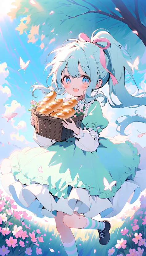  Cute Anime Girls , big, bright eyes ,, Playful Expression , bright hair,2 loaves of bread, pink ribbon,Cute clothes, frill dress ,Large puff sleeves,Fancy ribbon, ponytail,Striped socks, LACE-UP BOOTS ,In a blooming garden,Bright flowers々,flying butterfly...