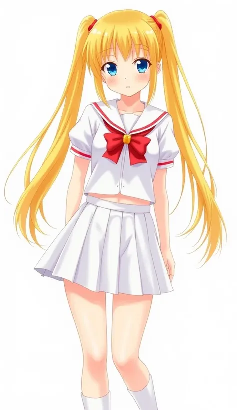  anime　 Gold　 Straight Long Hair　 twin tails　 blue eyes　 white sailor suit　Thai is red 　 white knee-highs　White Shoes　 skirts are short