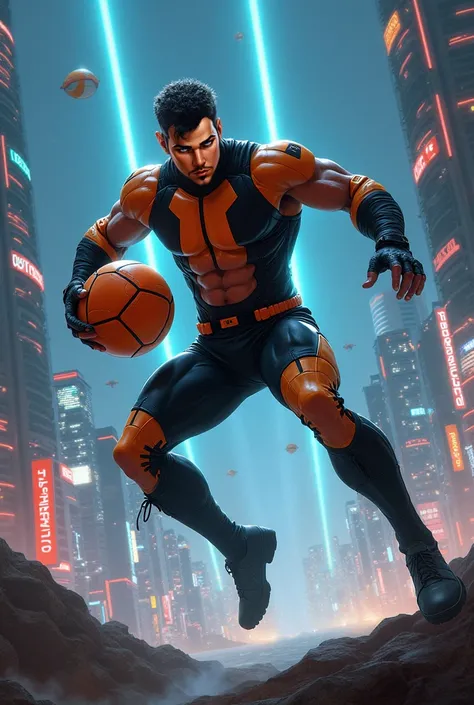 Muscular male defiant Speedball scifi Player on the Game field, scifi night city background, climbing, wearing retrofuturistic, wearing stick spandex sport uniform black and orange, scifi, fantasy, speedball, Rollerball, fantasy football, art by donnato Gi...