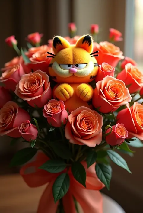 Eternal rose bouquet with Garfield plush toy 
