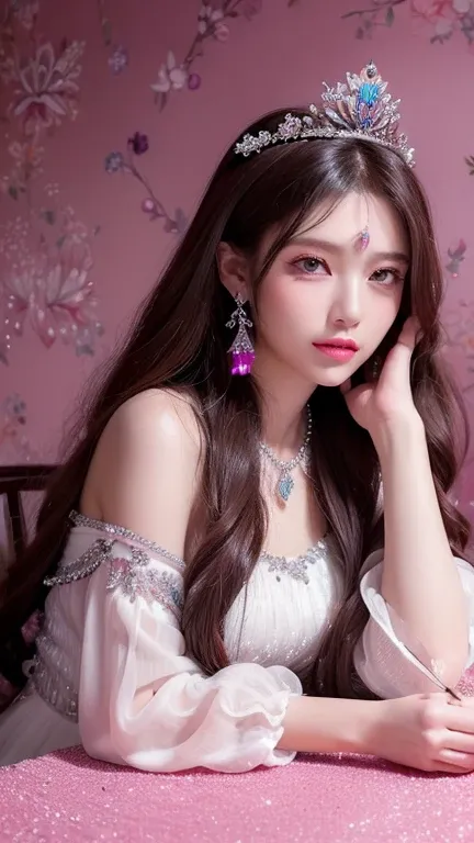 (  masterpiece,    high quality : 1.4),   detailed biography , fortune teller beautiful 、White Crystal,  Crystal Cluster ,  long hair,   Pink Dress 、 Jewelry,  earrings,   necklace,  crown, On the table,  Chestnut hair,  Halo, beautiful fortune teller  。  ...