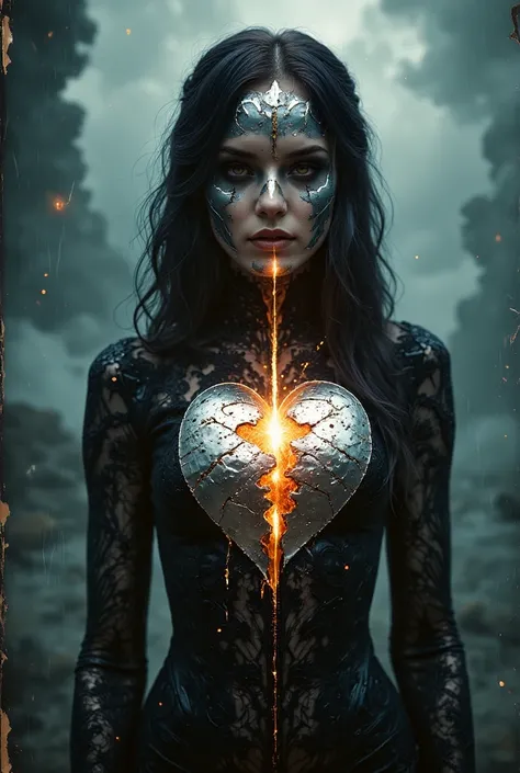 Darkness Falling, Great Famine, bleeding heart, silver and gold, black lace, golden eyes, vehemently passionate created in a high-fantasy digital illustration style, inspired by the ethereal work of Loish. A regal figure, their heart cracked open, pouring ...