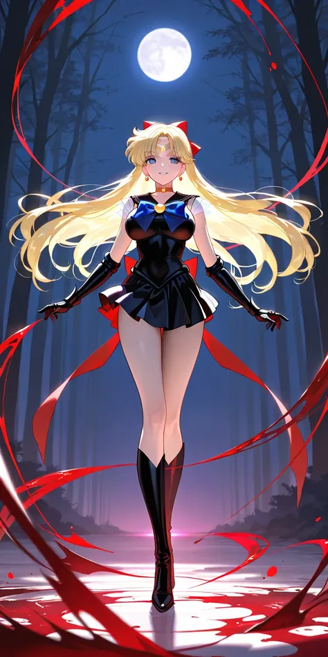 Masterpiece, elegant mature woman, evils sailor venus\(sailor venus\), inverted moon on forehead, tall body, big breast, black sailor senshi uniform (black sailor senshi uniform skirt, black sailor senshi uniform gauntlets, black sailor senshi uniform high...