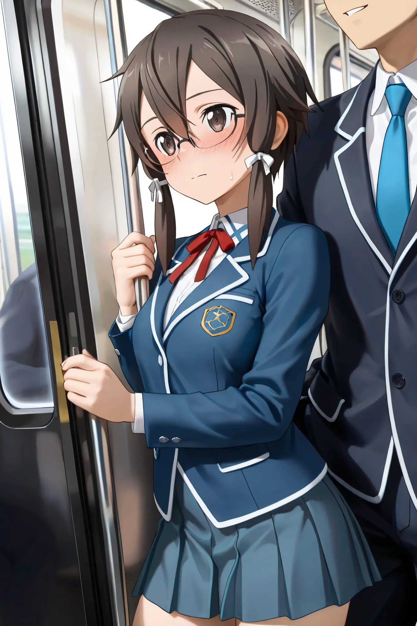 NSFW, Masterpiece, top quality, high res, very detailed, Asada Shino\( Sword Art Online\), hair between eyes、 SHORT HAIR、 side lock, dark eyes、 dark hair、Glasses、ヘアribbon, blazer、黒い jacket、黒い skirt、 jacket、 tie、プリーツ skirt、赤い tie、ribbon、uniform、 skirt, in t...