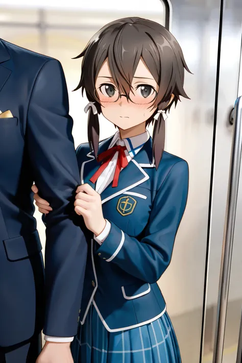 NSFW, Masterpiece, top quality, high res, very detailed, Asada Shino\( Sword Art Online\), hair between eyes、 SHORT HAIR、 side lock, dark eyes、 dark hair、Glasses、ヘアribbon, blazer、黒い jacket、黒い skirt、 jacket、 tie、プリーツ skirt、赤い tie、ribbon、uniform、 skirt, in t...