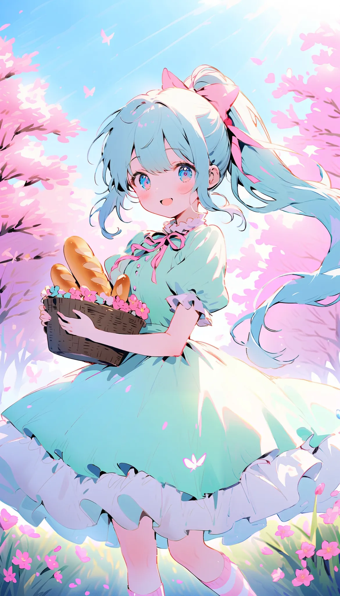  Cute Anime Girls , big, bright eyes ,, Playful Expression , bright hair,2 loaves of bread, pink ribbon,Cute clothes, frill dress ,Large puff sleeves,Fancy ribbon, ponytail,Striped socks, LACE-UP BOOTS ,In a blooming garden,Bright flowers々,flying butterfly...