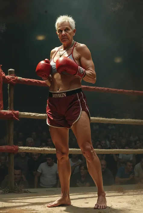 Elderly woman with very short blond hair and strong arms and boxer outfit stands barefoot in a boxing ring and fights 