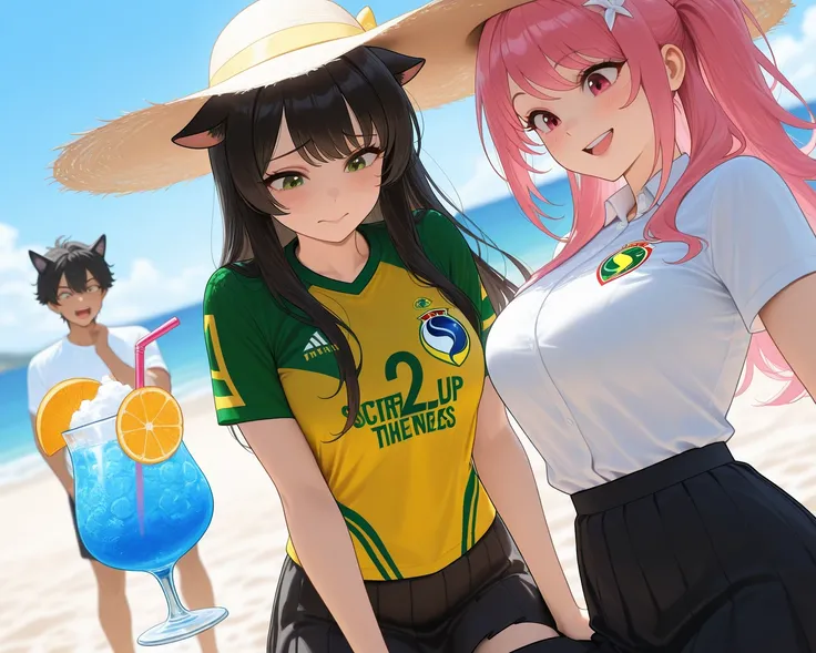 Two girls on the beach wearing the Brazil jersey

Girl a name looking at her girlfriend's tits(Girl 2)  in love and helping her cover up because of the men they were looking at: kiana,  long pink hair,  ears by Kitsune, wearing a swimsuit with a Brazil jer...