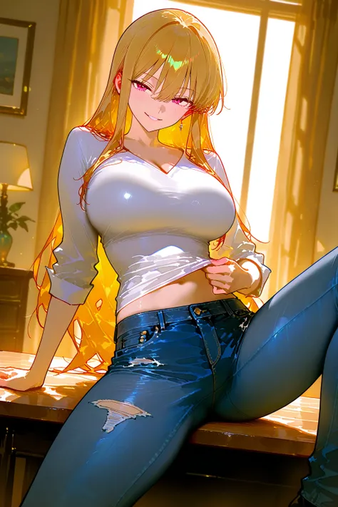 score_9, score_8_up, score_7_up, score_6_up, nsfw, newest, sharp detailed, ultra detailed, , unreal, detailed shading, detailed lighting,    a nude woman sitting on a wooden table with a pair of jeans, blonde swedish woman, blonde goddess, a gorgeous blond...