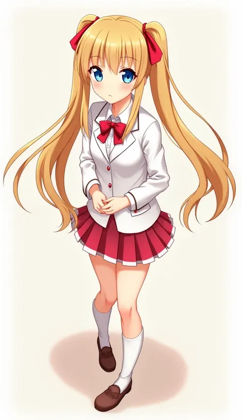  anime　 Gold　 STRAIGHT LONG HAIR　 twin tails　 blue eyes　 white blazer 　Thai is red 　 white knee-high socks with pointed ends　Brown Shoes　 skirts are short　School