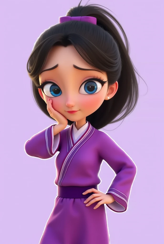 Nzyfr,A cartoon，   This photo shows a woman with long hair in a ponytail.   She is wearing a purple dress  ，      with a purple scarf around her neck      .      Her hair has been pulled back to the bun      . Her eyes are blue，The eyebrows are black.    H...