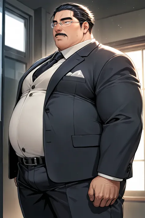 obese fat man,male focus,rimless glasses,black slicked back hair,japanese , narrow eyes, nose,suit,standing