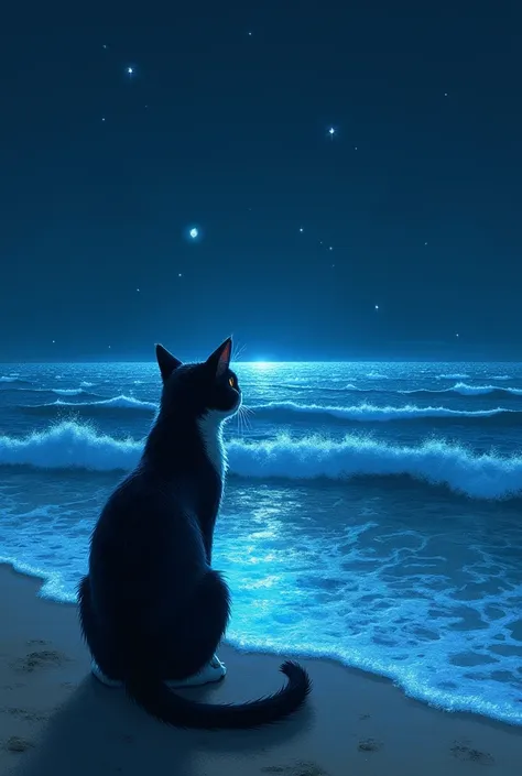 Drawing of cat watching yakamoz at the edge of the ocean