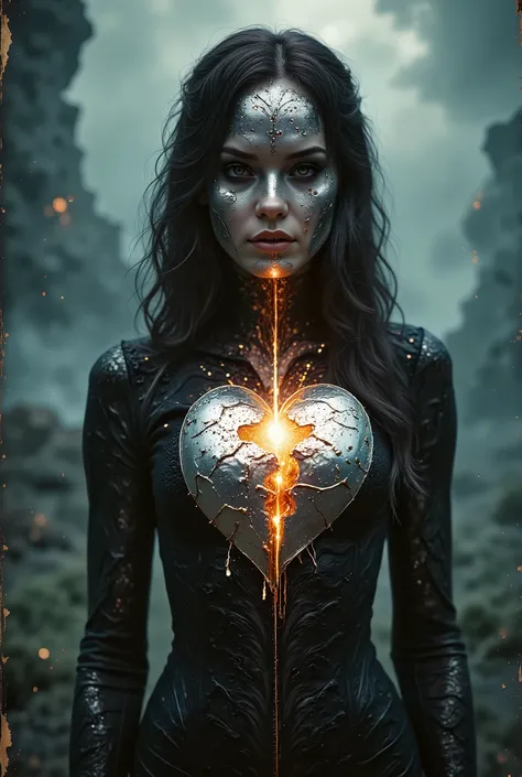 Darkness Falling, Great Famine, bleeding heart, silver and gold, black lace, golden eyes, vehemently passionate created in a high-fantasy digital illustration style, inspired by the ethereal work of Loish. A regal figure, their heart cracked open, pouring ...