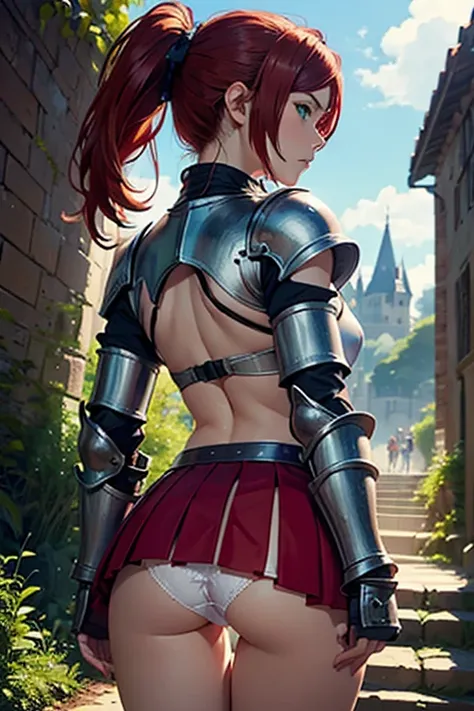 anime girl, (female warrior: 1.5), (redhead warrior girl: 1.3), 1 girl, alone, pretty girl, young girl, (red hair), (green eyes), slim girl, small breasts, pretty face, slim waist, slim legs, thigh gap, (knight armor), (steel breastplate, steel gauntlets, ...