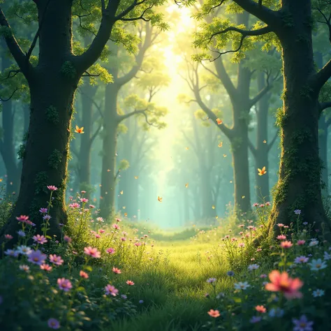 Sunlight shining through the trees in a forest with flowers