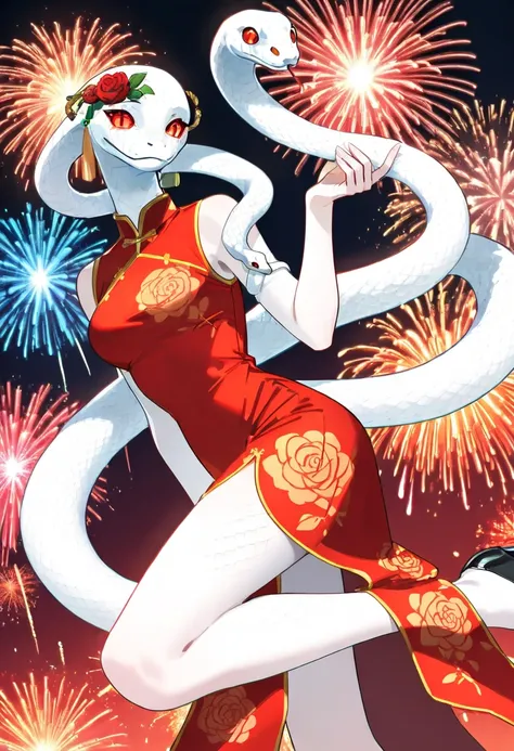 Snake Woman, An animated image of a woman wearing a red and white cheongsam ， with red roses on her head .  This woman is holding a white snake .  This snake has a white body and red eyes.The background is bright red，Fireworks in the background.