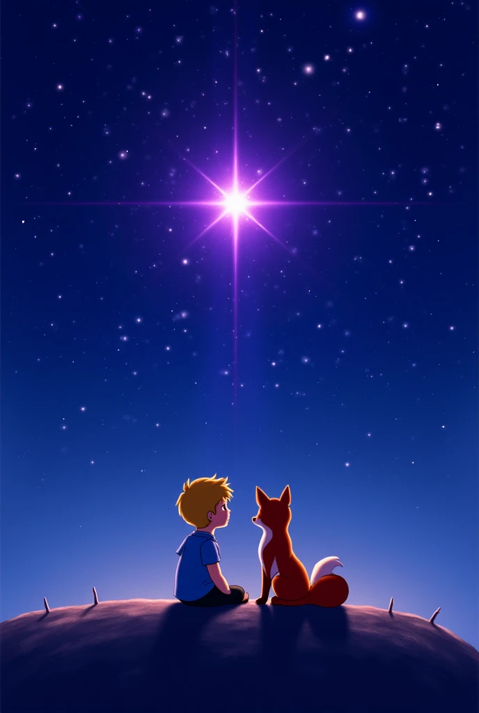 Little prince and fox contemplating a purple star in the sky. 