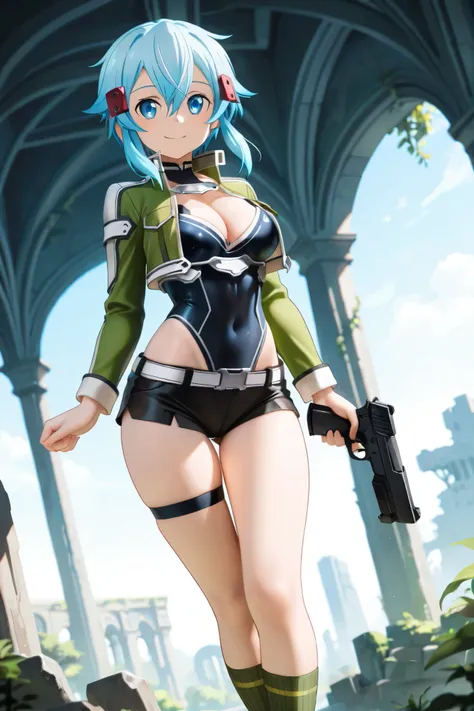 NSFW, Masterpiece, top quality, high res, very detailed,Chinon\( Sword Art Online\), SHORT HAIR, hair between eyes, light blue hair, bright blue eyes , hair ornament, hair clip, cropped jacket, green jacket , leotard, cleavage, black shorts, green knee soc...