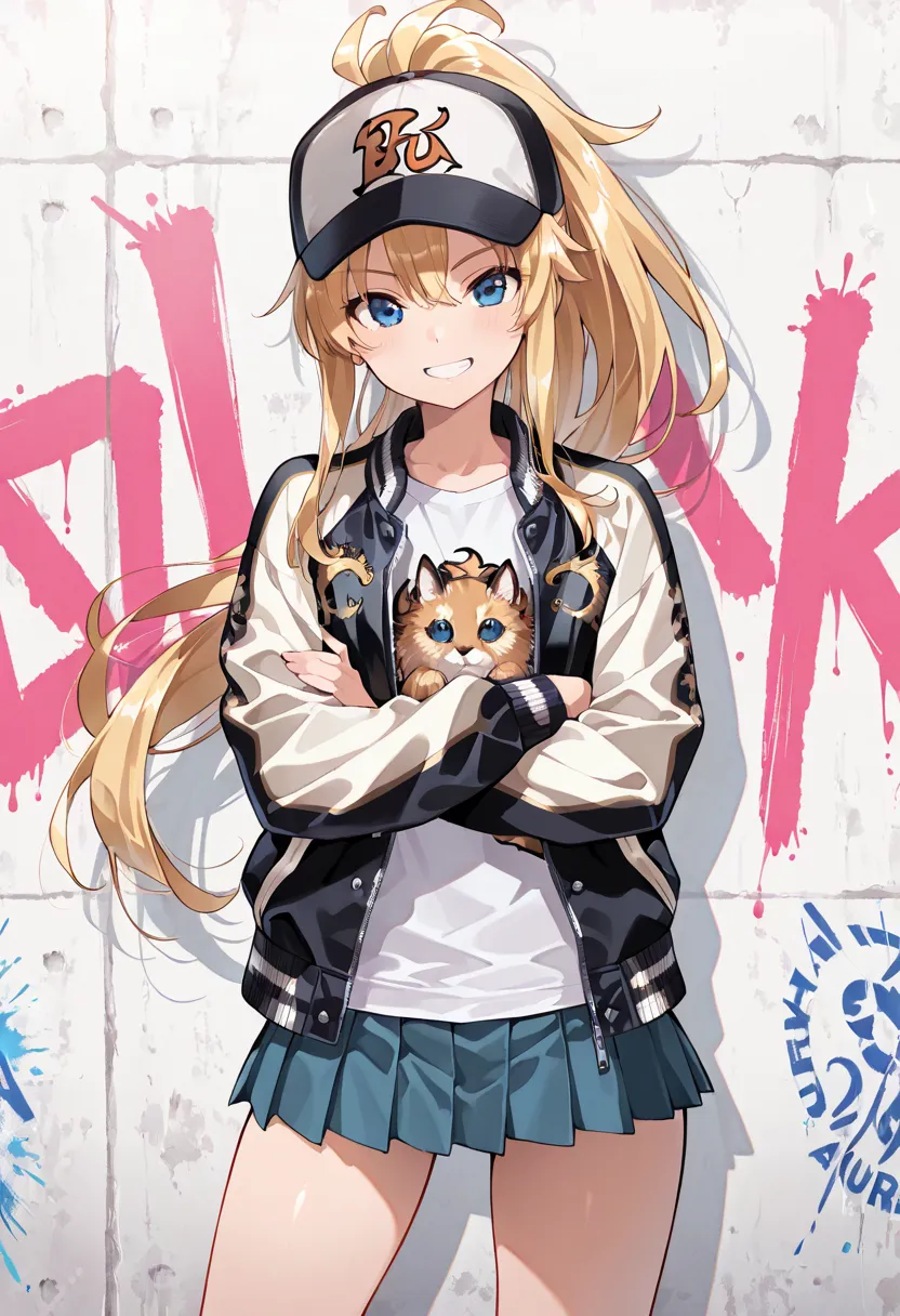 ((masterpiece, best quality, ultra detailed, high resolution, beautiful detailed face, beautiful detailed eyes, perfect hands)), (1 girl, solo), (blonde long hair, ponytail), (sukajan, souvenir jacket, print t-shirt, miniskirt), (sneakers, baseball cap), s...